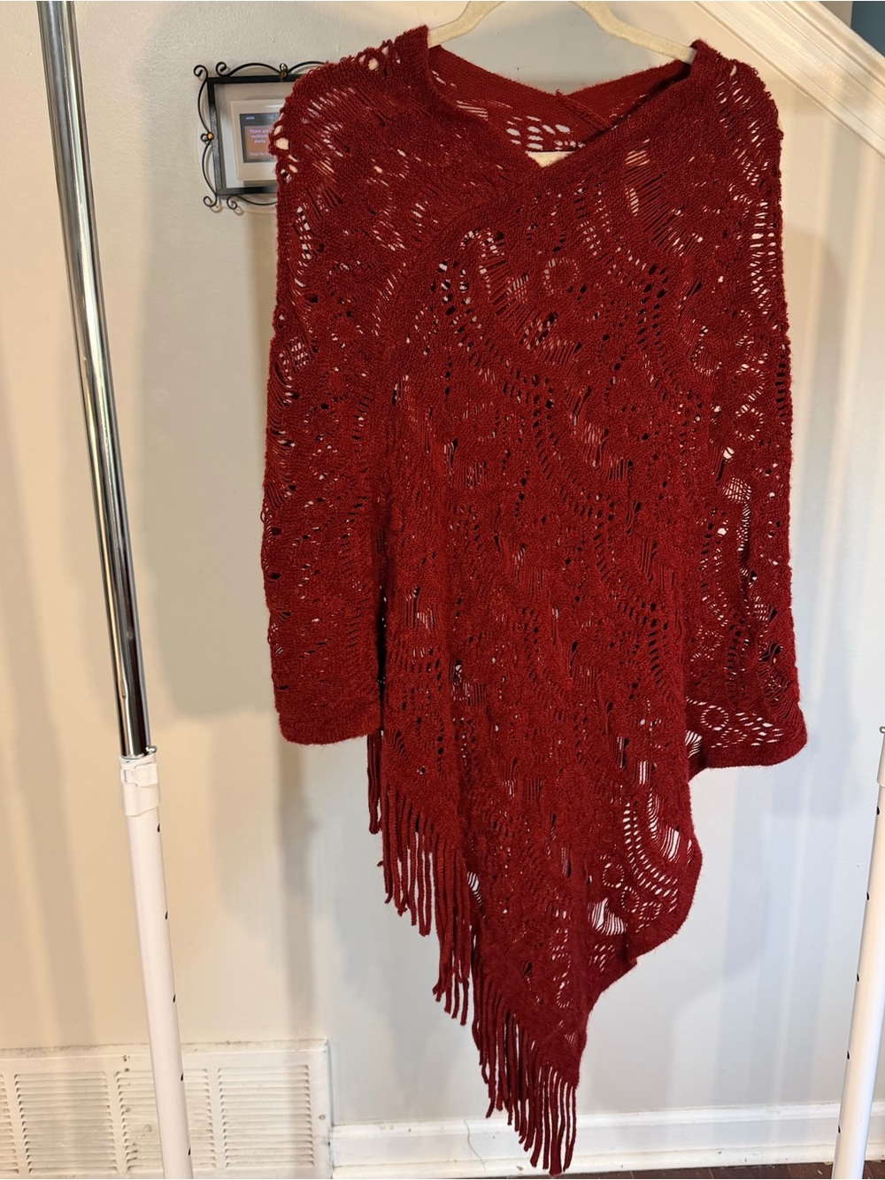 Women’s Open-Weave Fringe Poncho Sweater in Burgundy